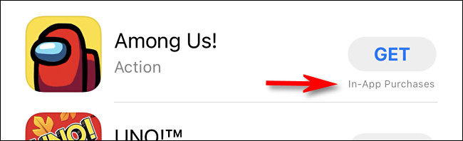 Dacă o aplicație are Achiziții în aplicație disponibile, veți vedea "Achiziții în aplicație" scris alături de preț sau "obține" buton.