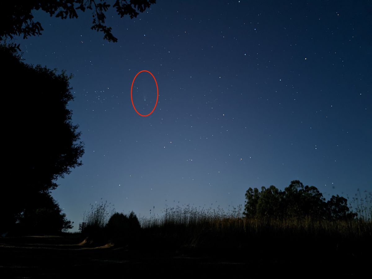 Mod astrofotografie Pixel 4A (cerc adăugat pentru a arăta cometa)