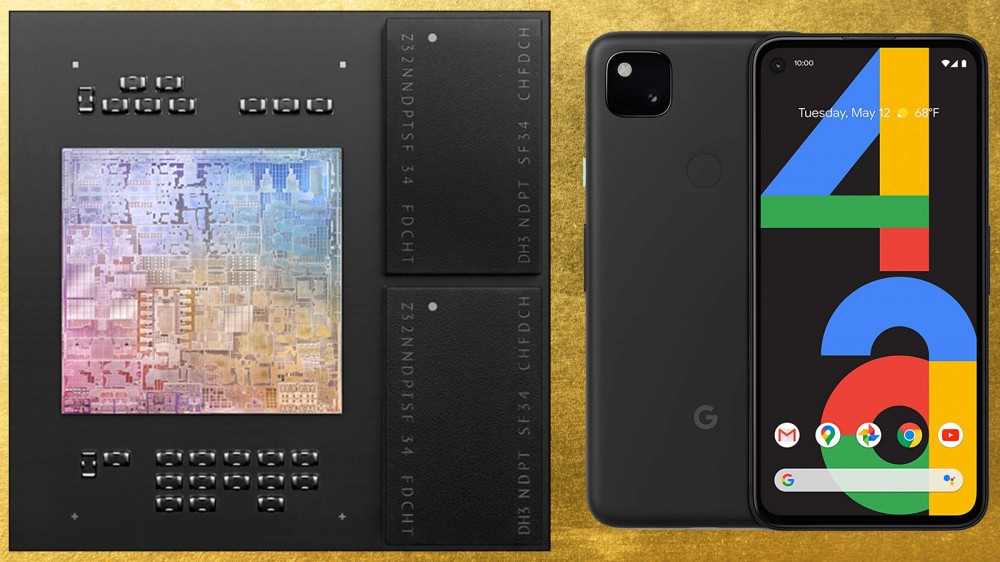 Cipul Apple M1 și smartphone-ul Google Pixel 4a pe un fundal texturat cu frunze de aur