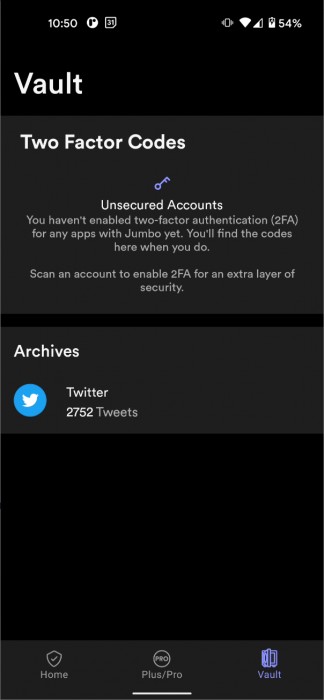 O captură de ecran a Jumbo's Vault cu Tweets arhivate
