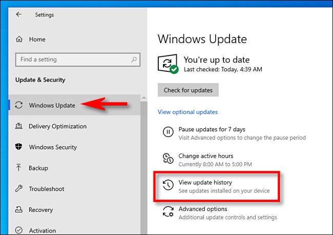 Faceți clic pe Actualizare Windows, apoi faceți clic pe "Vizualizați istoricul actualizărilor."