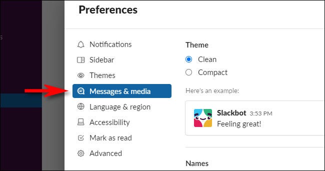 În Preferințe Slack, selectați "Mesaje și conținut media."