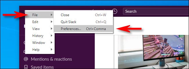 În Windows 10 Slack Client, faceți clic pe meniul hamburger, apoi selectați Fișier> Preferințe.” width=”650″ height=”239″ onload=”pagespeed.lazyLoadImages.loadIfVisibleAndMaybeBeacon(this);” onerror=”this.onerror=null;pagespeed.lazyLoadImages.loadIfVisibleAndMaybeBeacon(this);”/></p><p>În aplicația Slack pentru Mac sau dacă utilizați Slack într-un browser web, faceți clic pe numele spațiului de lucru din colțul din stânga sus și selectați „Preferințe”.  De asemenea, puteți apăsa Command + Comma pe Mac pentru a deschide „Preferințe”.</p><div class='code-block code-block-3' style='margin: 8px 0; clear: both;'> <script async src=