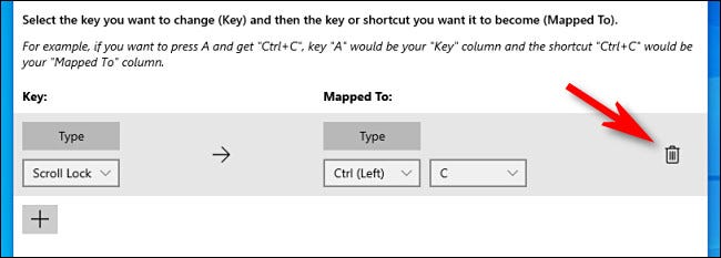 În PowerToys, faceți clic pe pictograma coș de gunoi pentru a șterge o mapare a cheilor.