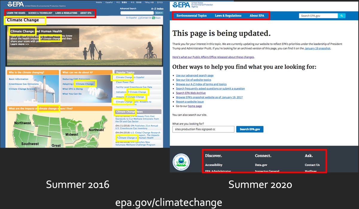 Capturi de ecran alăturate ale site-ului EPA despre schimbările climatice, care arată conținutul din 2016 eliminat până în 2020.