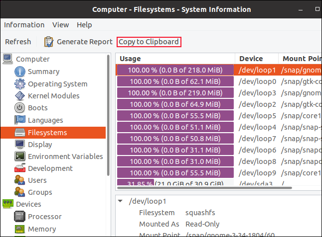 aplicația hardinfo cu butonul de copiere în clipboard evidențiat