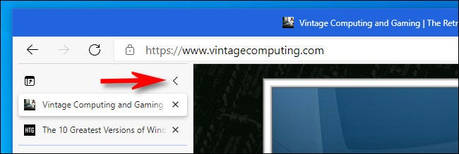 În coloana cu file verticale Edge, faceți clic pe butonul vertical carat pentru a restrânge lista de file.