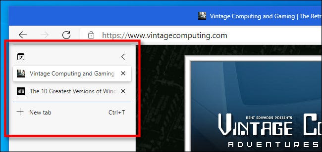 Un exemplu de file verticale în Microsoft Edge.
