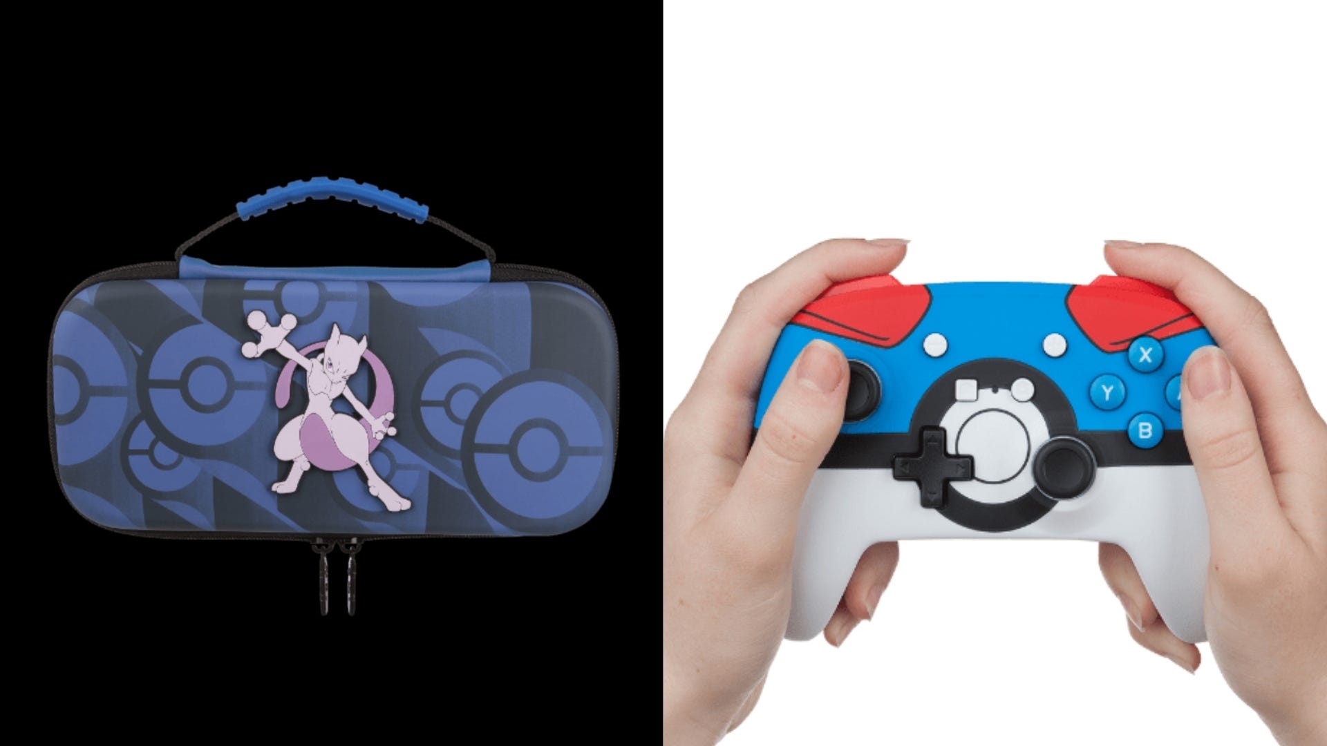 O carcasă Nintendo Switch Mewtwo și o persoană care deține un controler pentru jocuri video Poke Ball.