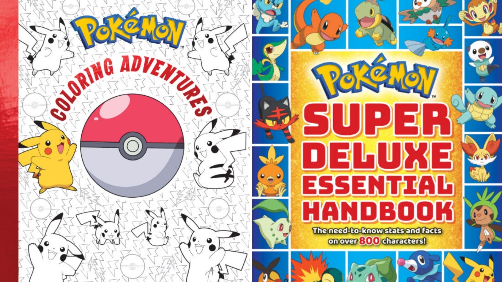 Coperta unei cărți de colorat Pokemon și coperta Pokemon Super Deluxe Essential Handbook.