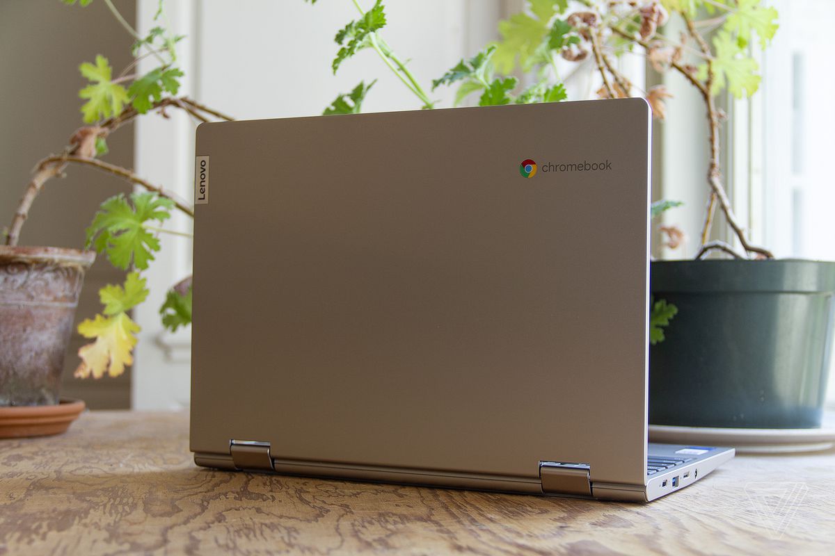 Chromebookul Lenovo Ideapad Flex 3 deschis, văzut din spate, înclinat ușor spre dreapta, pe o masă în fața a două plante de apartament.