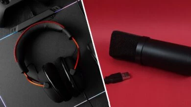 Gaming headset on desk and a Microphone against red backdrop in a collage.