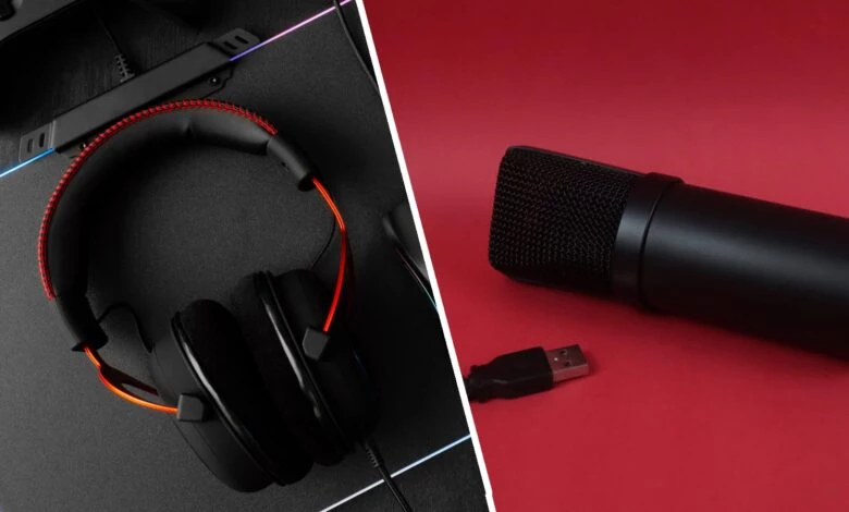 Gaming headset on desk and a Microphone against red backdrop in a collage.