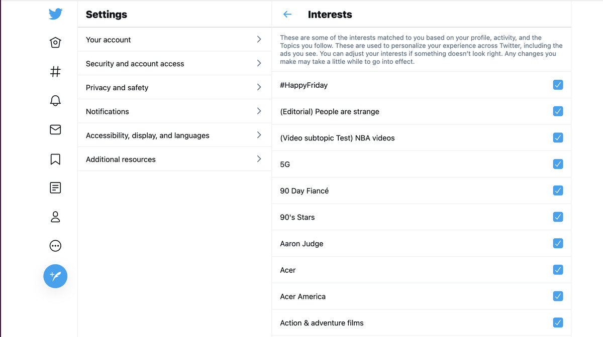 „Interese de la Twitter” vă spune toate diferitele interese pe care Twitter vi le-a potrivit în funcție de activitatea dvs.