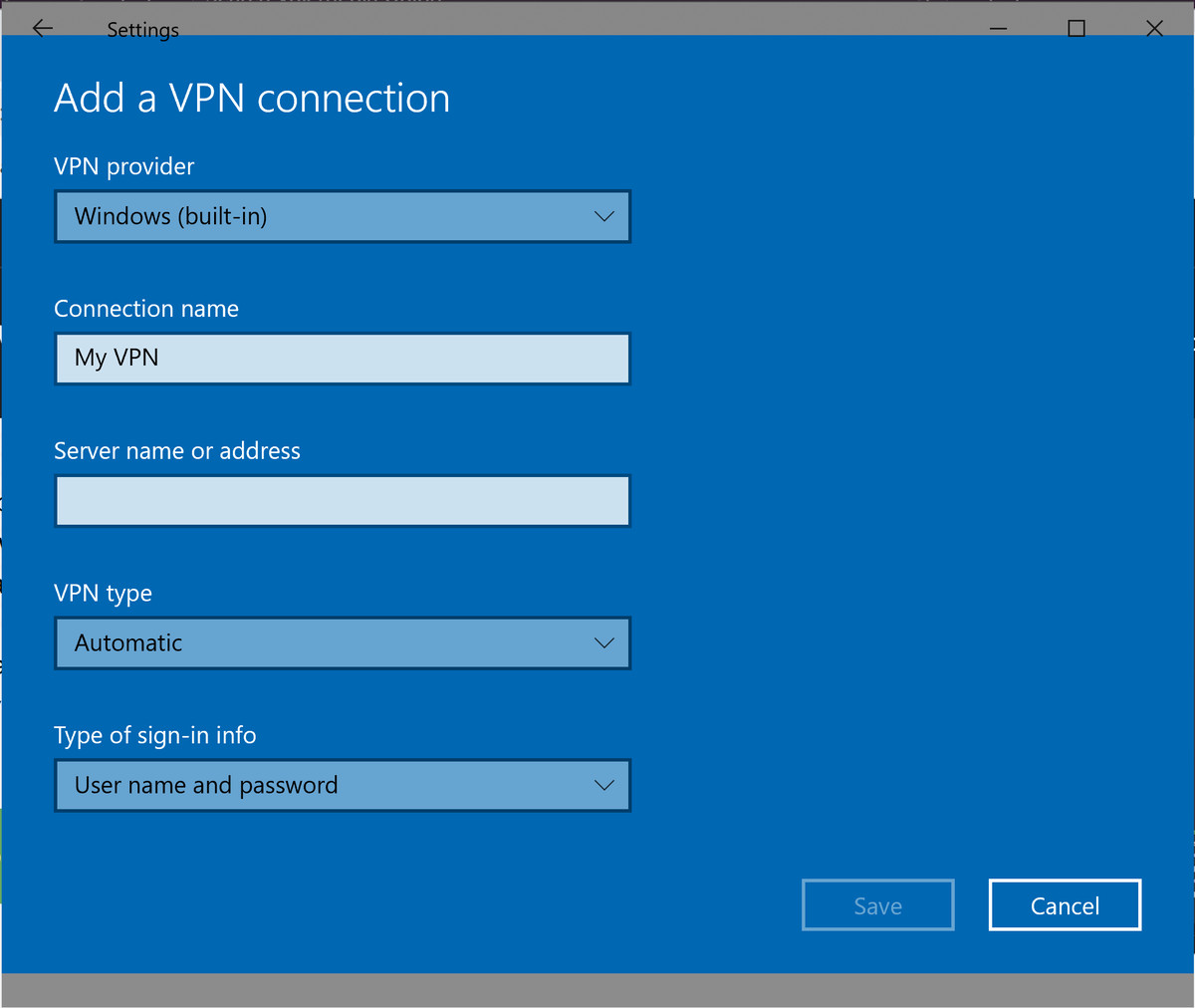 Adăugați un profil VPN în Windows 10.