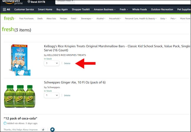 Pagina coșului de cumpărături Amazon Fresh.