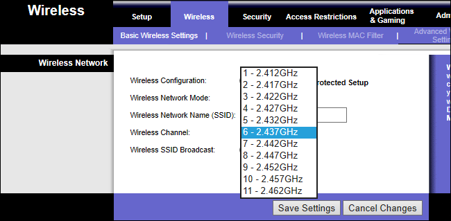 pagina de setări a routerului wi-fi cu canale de 2,4 GHz