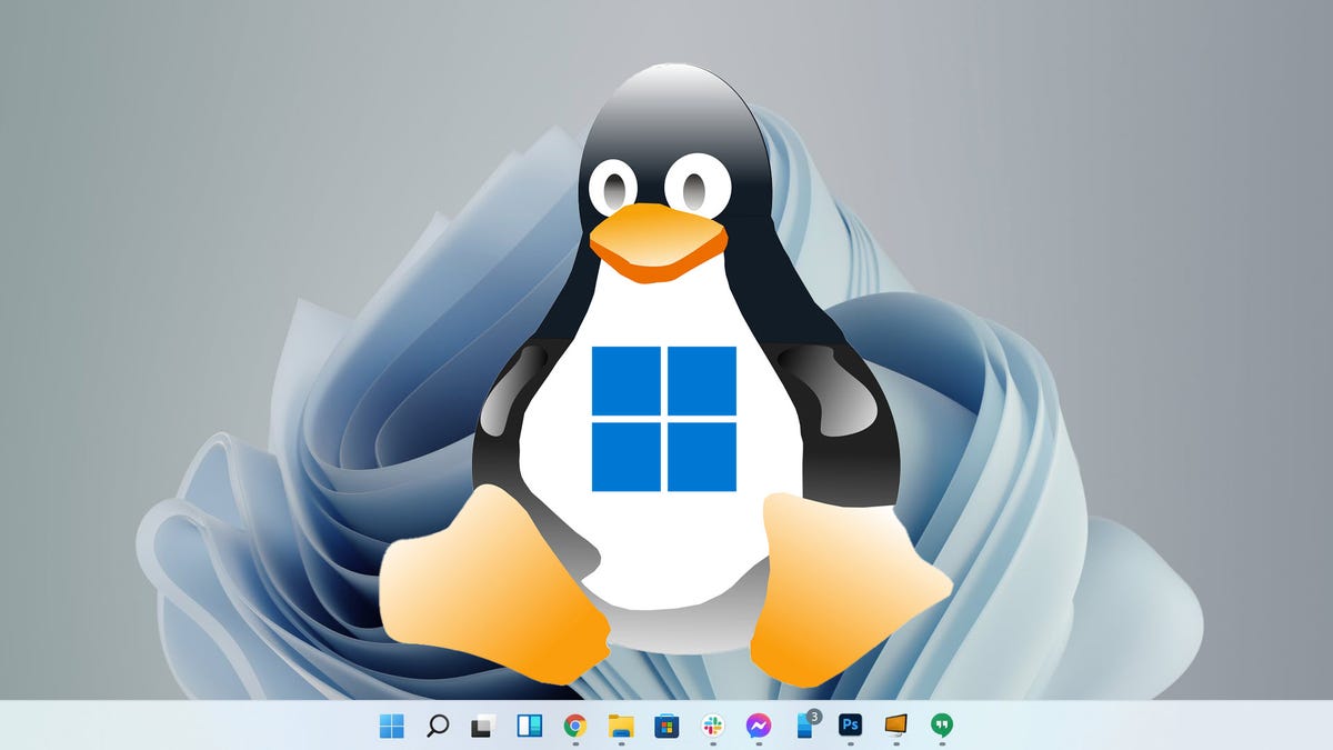 Un logo tip Linux Tux, cu un logo Windows pe burtă