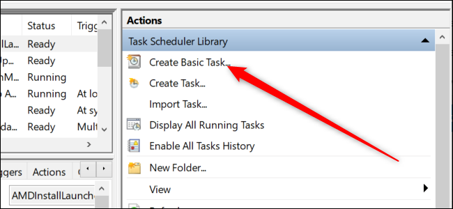 Task Scheduler din Windows 10 cu o săgeată roșie care indică spre "Creați o activitate de bază" opțiune.