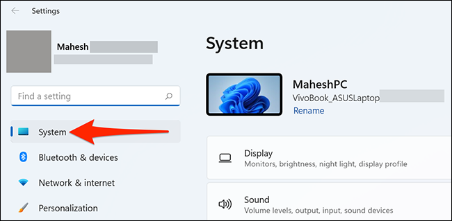 Selectați "Sistem" în Setări pe Windows 11.