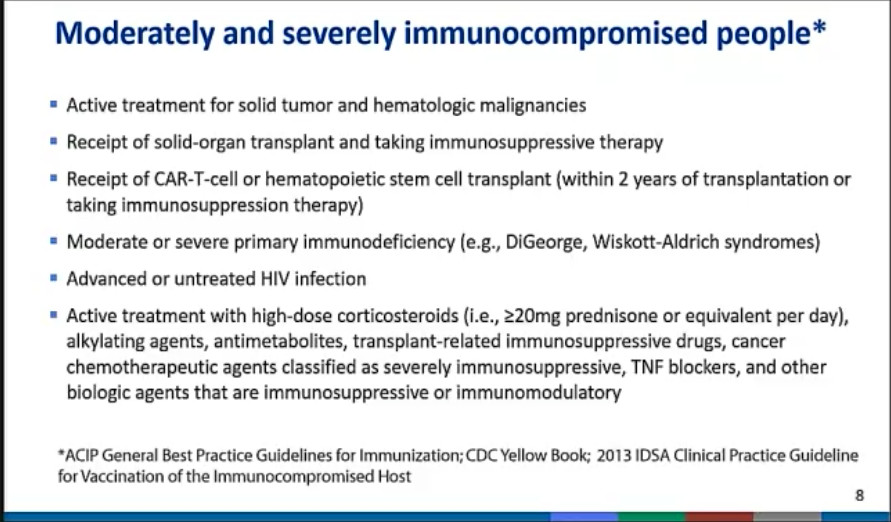 Lista condițiilor imunosupresoare care s-ar putea califica pentru a treia doză.  Tratament activ pentru tumori solide și tumori maligne hematologice, primirea transplantului de organe solide și administrarea terapiei imunosupresoare, primirea transplantului de celule CAR-T sau celule stem hematopoietice (în termen de 2 ani de la transplant sau administrarea terapiei imunosupresoare), imunodeficiență primară moderată sau severă, infecție HIV avansată sau netratată, tratament activ cu agenți biologici imunosupresori