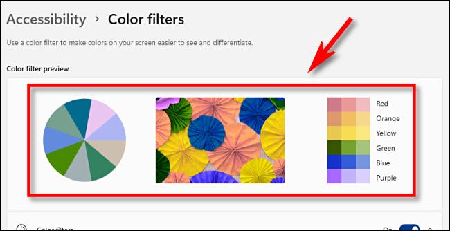 Previzualizați filtrele de culoare utilizând zona de previzualizare a filtrului de culoare din partea de sus a paginii de setări.