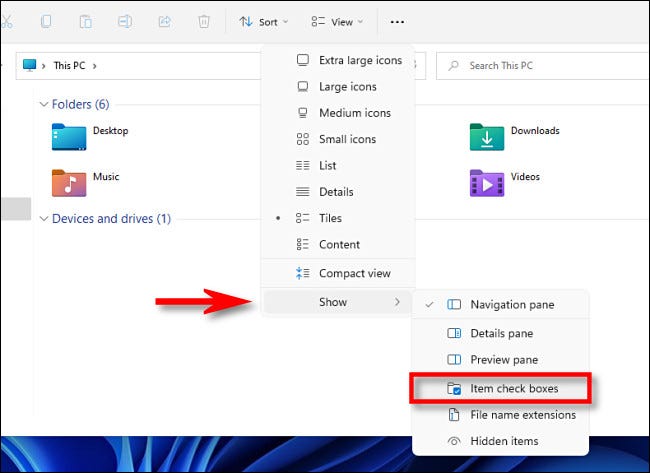 În meniul care apare, faceți clic pe "Spectacol," apoi debifează "Casete de bifare a articolelor."