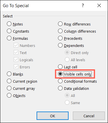 Selectați Numai celule vizibile