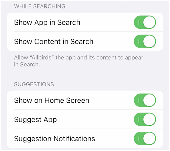 Meniul de setări Siri și Căutare, unde puteți dezactiva sugestiile aplicației