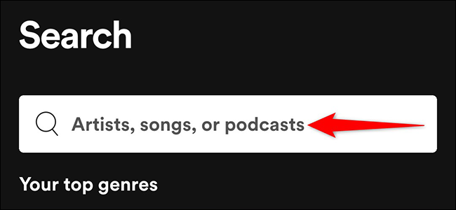 Atingeți caseta de căutare care citește "Artiști, melodii sau podcasturi" pe "Căutare" din aplicația mobilă Spotify.