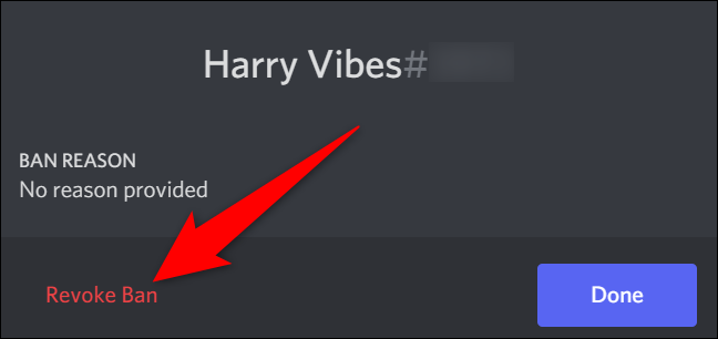 Selectați "Revocați interdicția" în Discord pe desktop.
