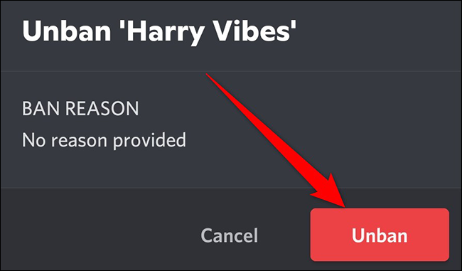 Atingeți "Unban" în "Unban" prompt în Discord pe mobil.