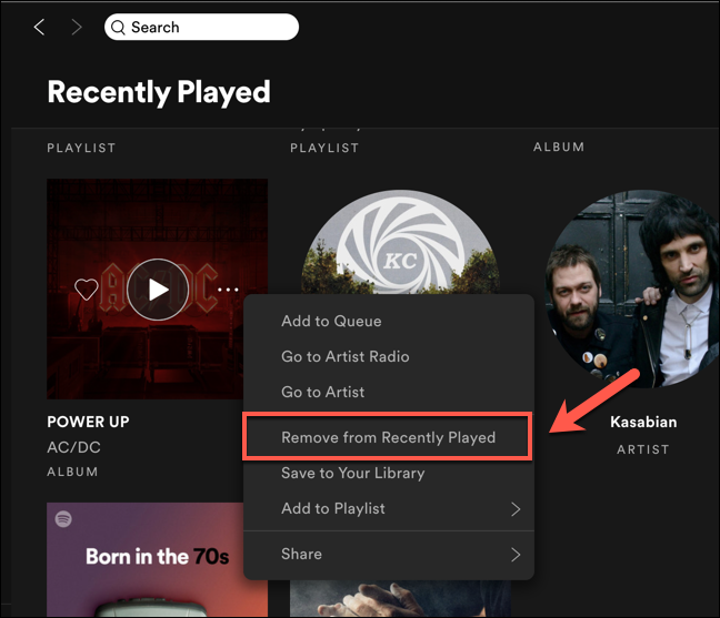 apasă pe "Eliminați din redat recent" opțiunea de a șterge intrarea din Spotify "Jucat recent" listă.