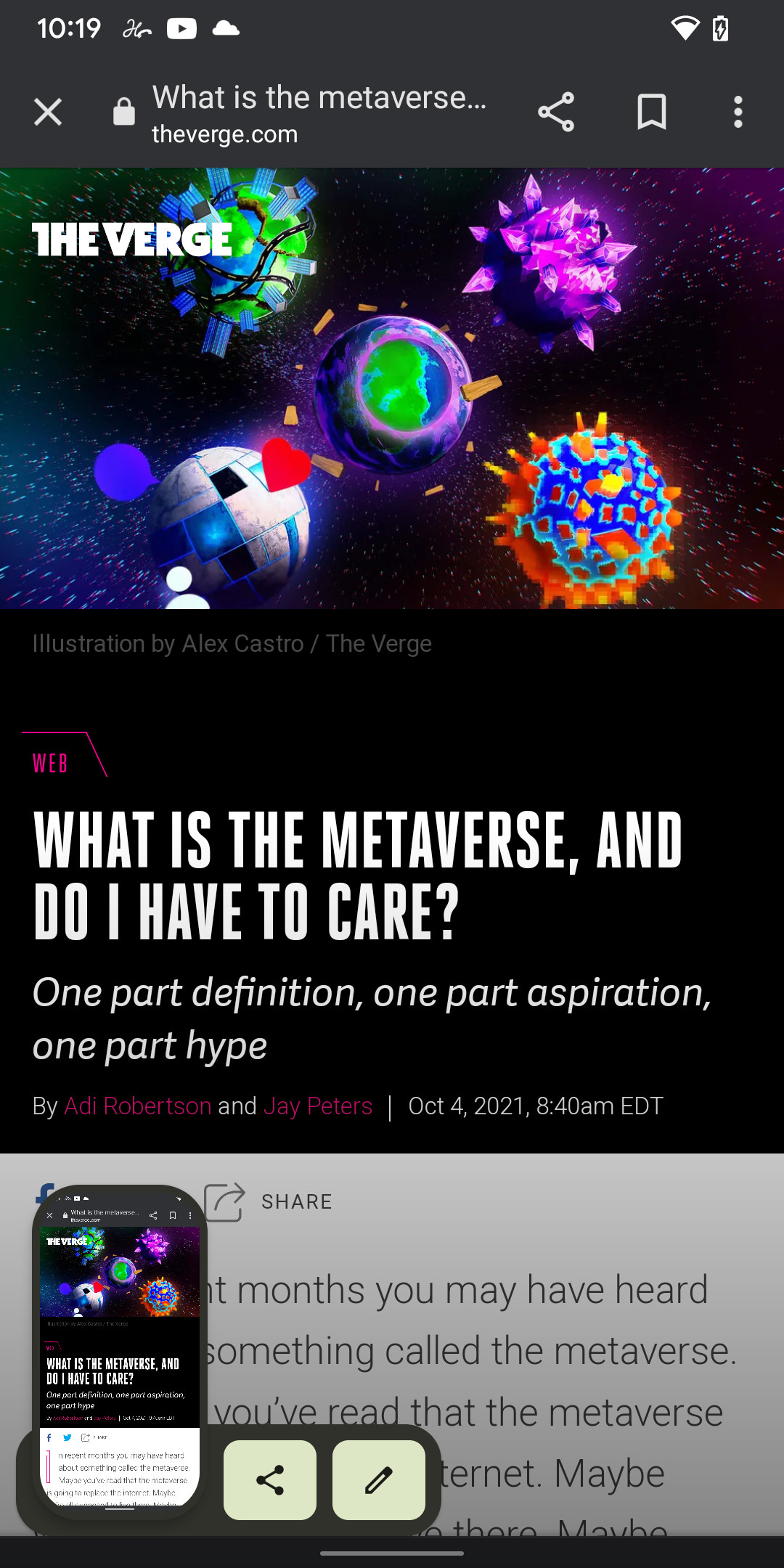 O versiune mică a capturii de ecran apare în colțul din stânga jos.