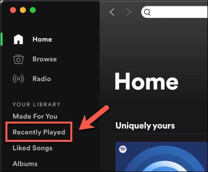 În aplicația pentru desktop Spotify, apăsați pe "Jucat recent" fila din meniul din stânga.