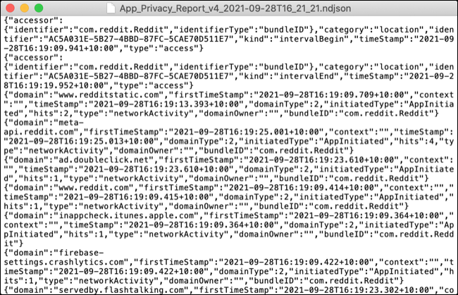 Raport de activitate al aplicației în format de date brute NDJSON