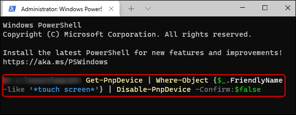 Comanda pentru a dezactiva ecranul tactil.