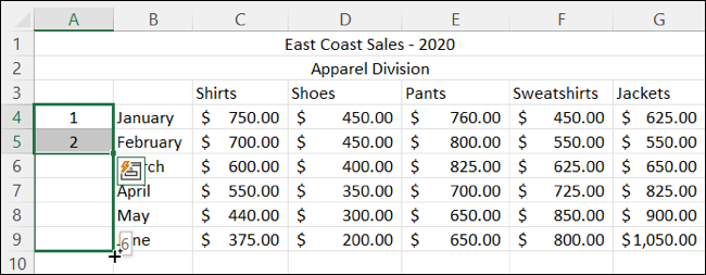 Trageți mânerul de umplere pentru a numerota rândurile