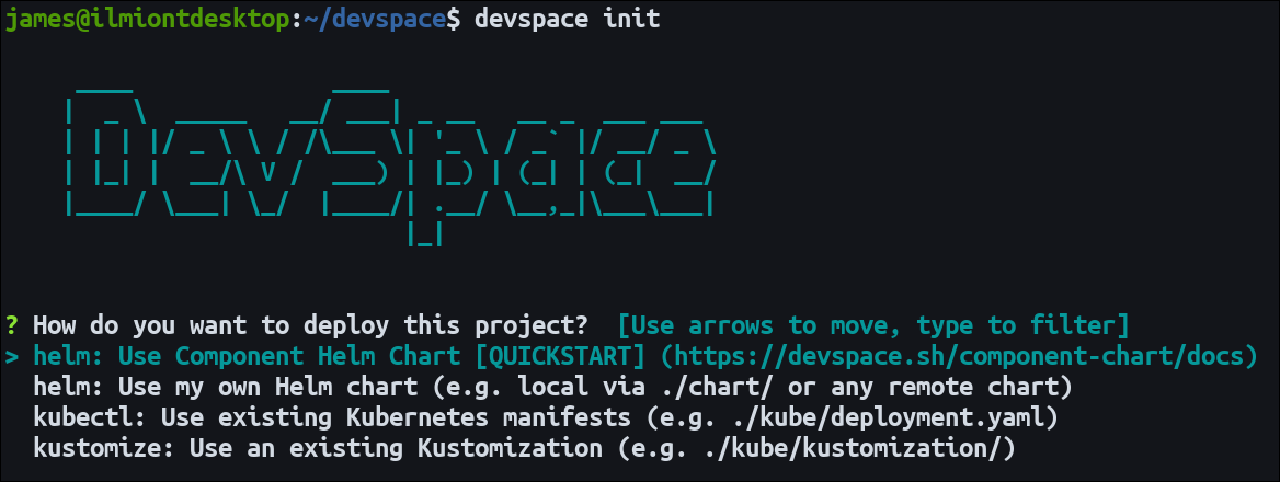 Captură de ecran a "devspace init" comanda