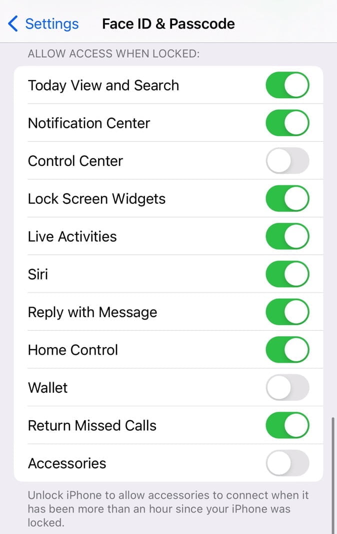 Dezactivați Centrul de control și Accesoriile USB când iPhone-ul este blocat.